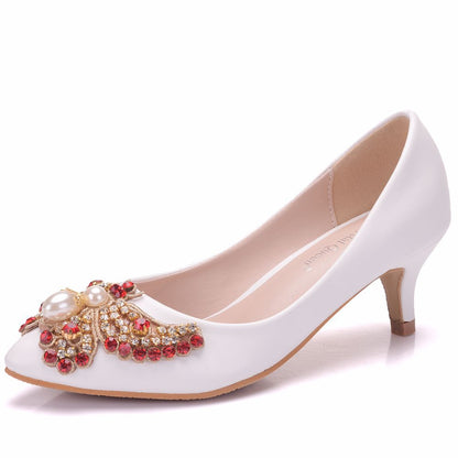 Women Pointed Toe Rhinestone Pearls Butterfly Bridal Wedding Shoes Pumps Stiletto Heel