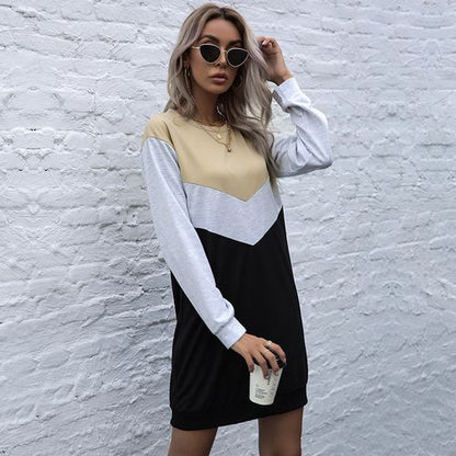 Contrast Sweater Spring Summer Skinny Crew Neck A-line Dress Women Dresses