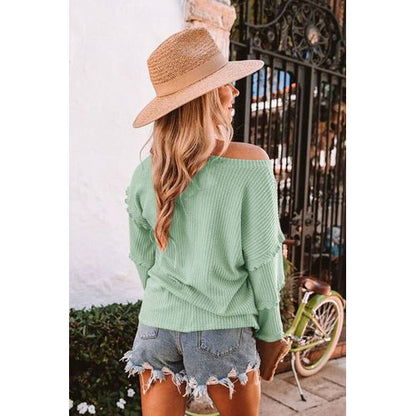 Womens Waffle Lantern Sleeve Ruffled V-neck T Shirt Long Sleeved Top