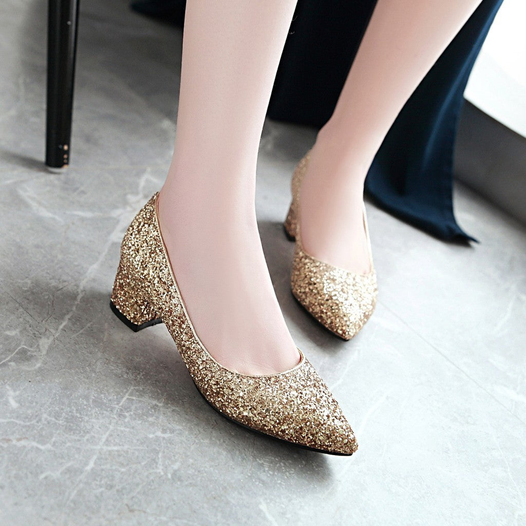 Pointed Toe Sequins Women's Pumps Middle Heels Shoes