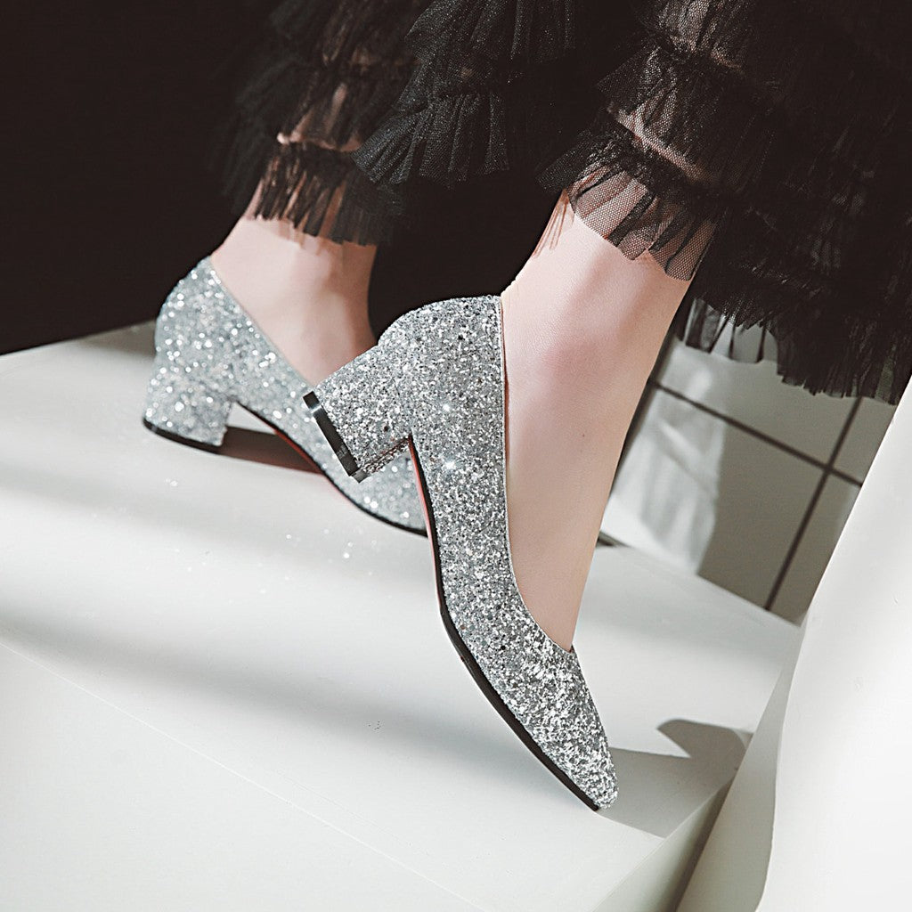 Pointed Toe Sequins Women's Pumps Middle Heels Shoes