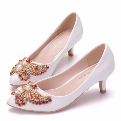 Women Pointed Toe Rhinestone Pearls Butterfly Bridal Wedding Shoes Pumps Stiletto Heel