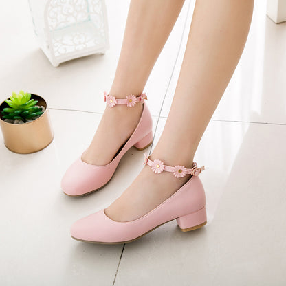 Girls Flower Buckle Low Heeled Princess Shoes