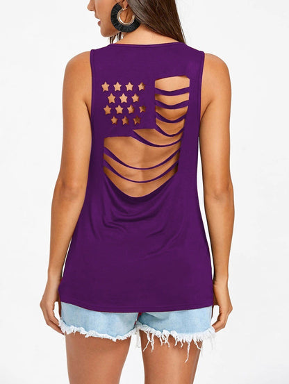 American Flag Cutout Back Sleeveless Women T shirt 7482