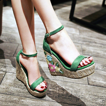 Women's Elastic Embroidered Platform Wedge Sandals