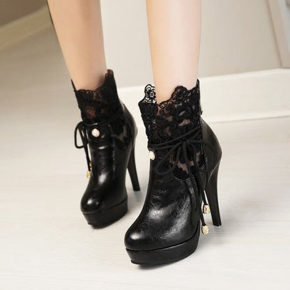 Pointed Toe Lace Women High Heels Platform Short Boots