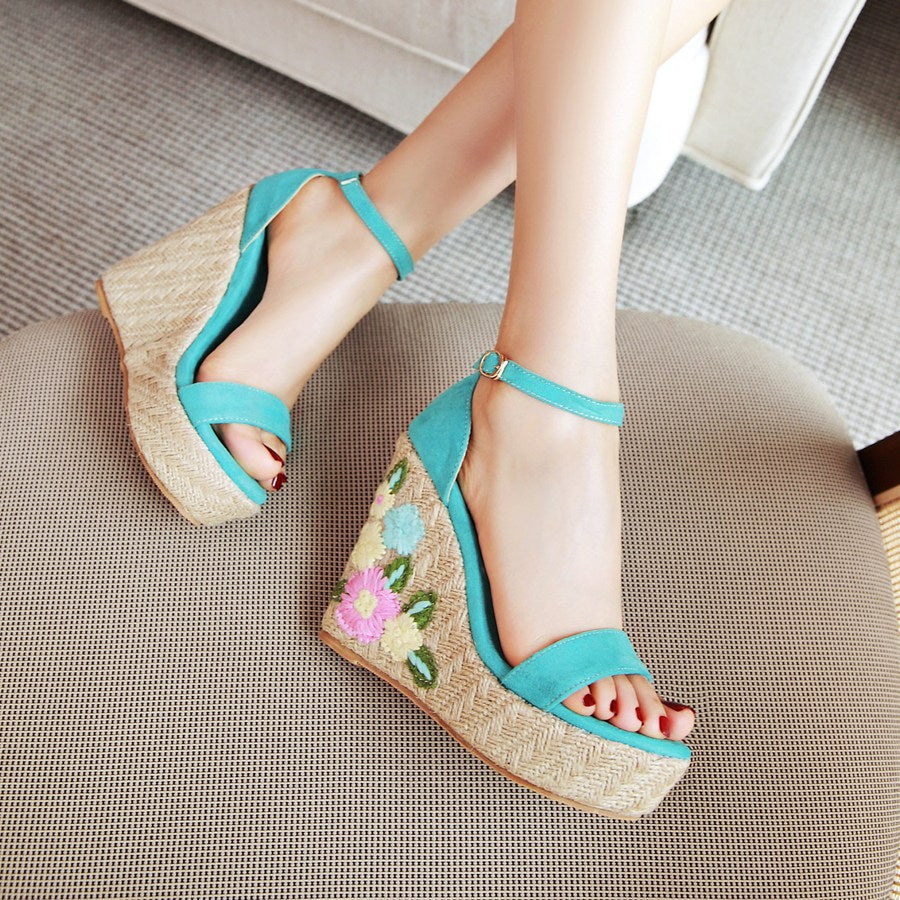 Women's Elastic Embroidered Platform Wedge Sandals