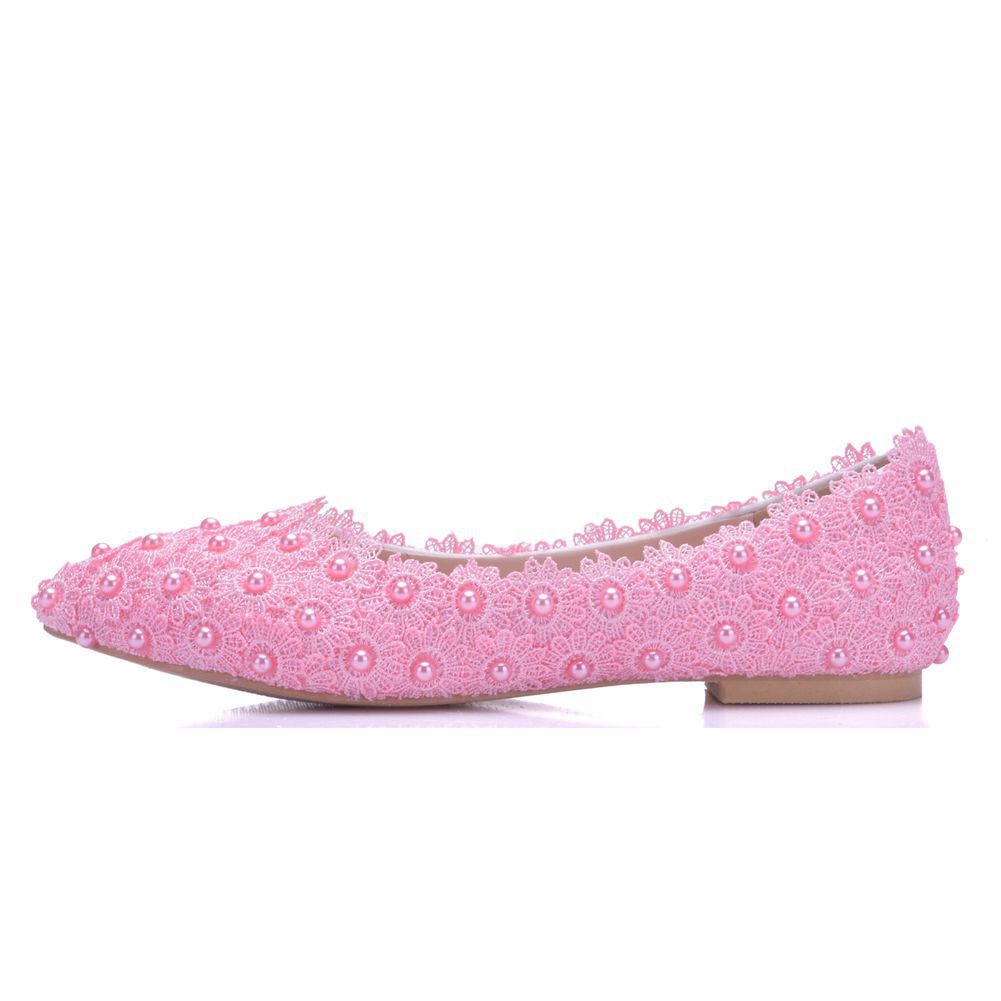 Women Pointed Toe Shallow Lace Pearls Flats