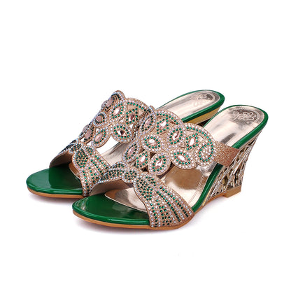 Women's Open Toe Rhinestone Outdoor Slipper Wedge Sandals