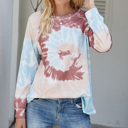 Womens Gradient Long Sleeve Tie Dyed T Shirt Top Round Neck Sweater