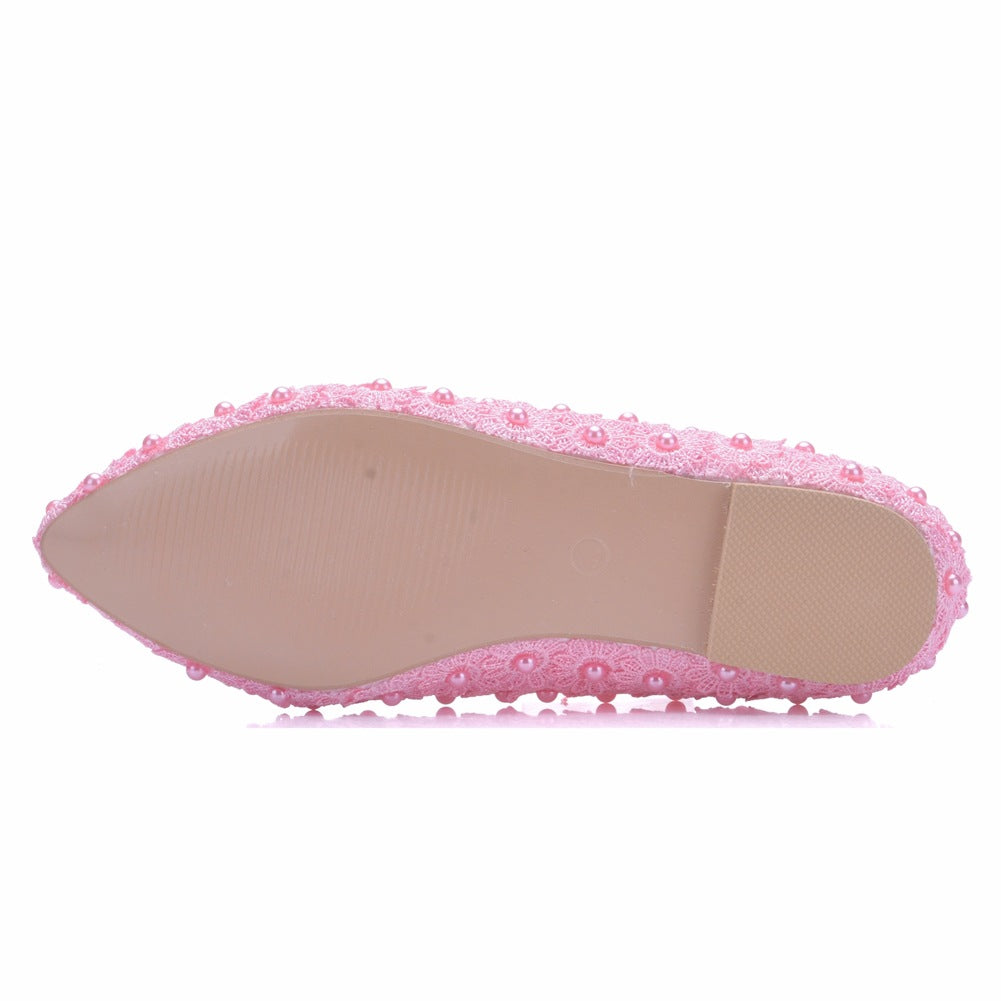 Women Pointed Toe Shallow Lace Pearls Flats