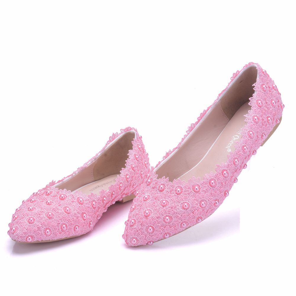 Women Pointed Toe Shallow Lace Pearls Flats