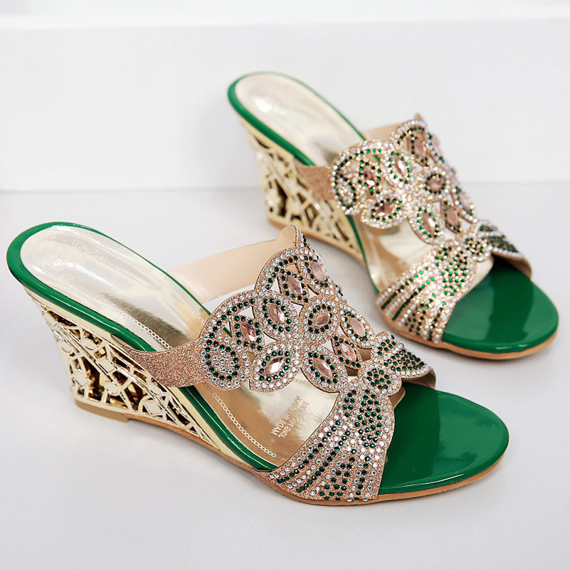 Women's Open Toe Rhinestone Outdoor Slipper Wedge Sandals