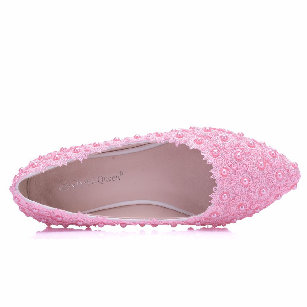 Women Pointed Toe Shallow Lace Pearls Flats