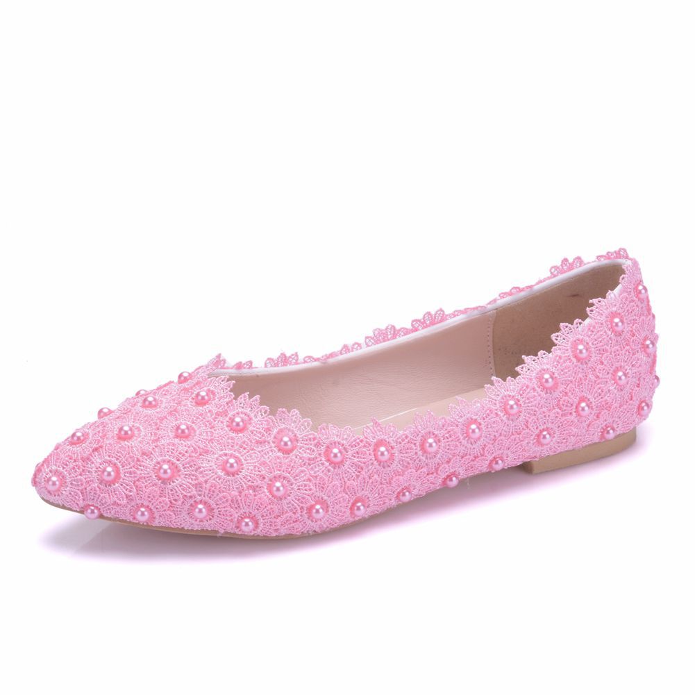 Women Pointed Toe Shallow Lace Pearls Flats