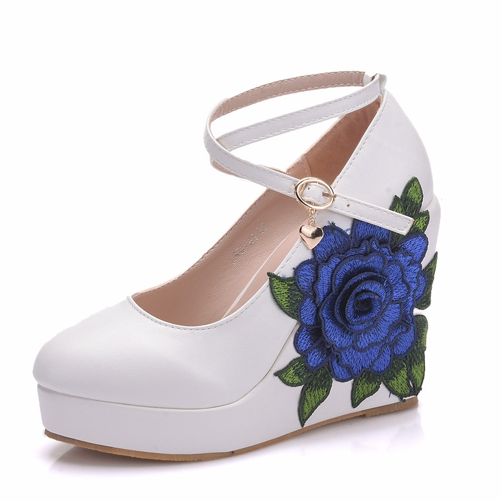 Women Round Toe Crossed Ankle Strap Flora Wedge Heel Platform Pumps