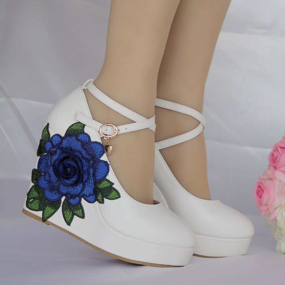 Women Round Toe Crossed Ankle Strap Flora Wedge Heel Platform Pumps