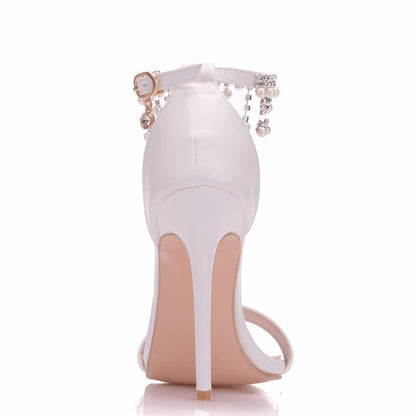 Women Beads Rhinestone Ankle Strap Bridal Wedding Stiletto Heel Sandals