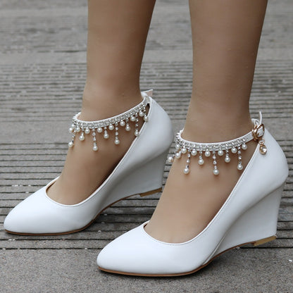 Shallow Pearls Rhinestone Tassel 7cm Wedge Heel Women Pumps Wedding Shoes