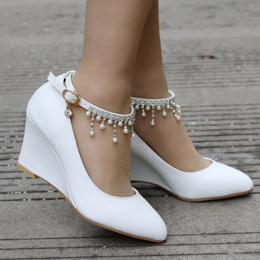 Shallow Pearls Rhinestone Tassel 7cm Wedge Heel Women Pumps Wedding Shoes