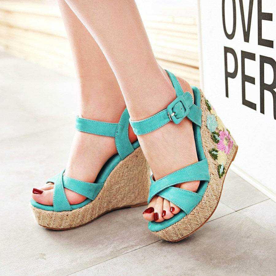 Women's Buckle Belt Open-toed Platform Wedge Sandals