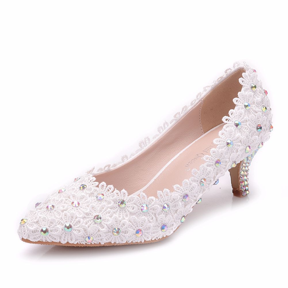 Women Stiletto Heel Pointed Toe Colorful Rhinestone Lace Flower Pumps