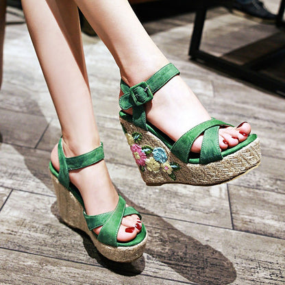 Women's Buckle Belt Open-toed Platform Wedge Sandals