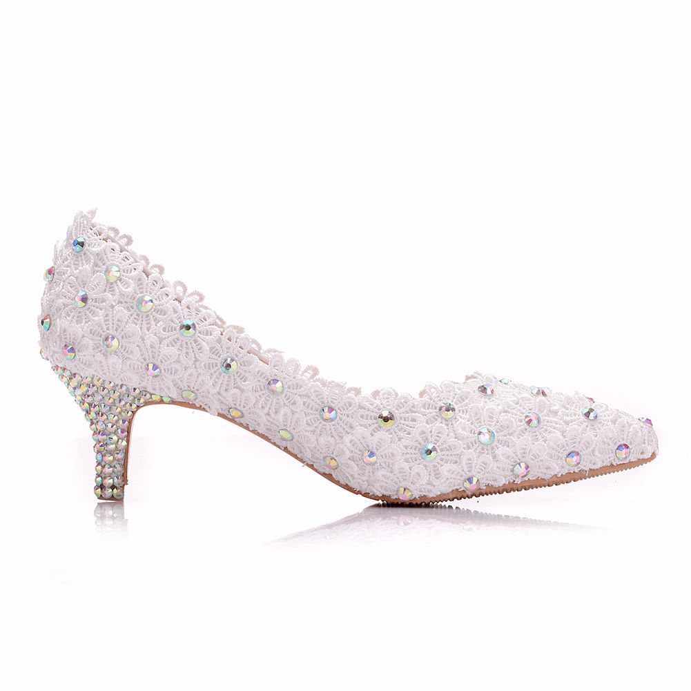 Women Stiletto Heel Pointed Toe Colorful Rhinestone Lace Flower Pumps