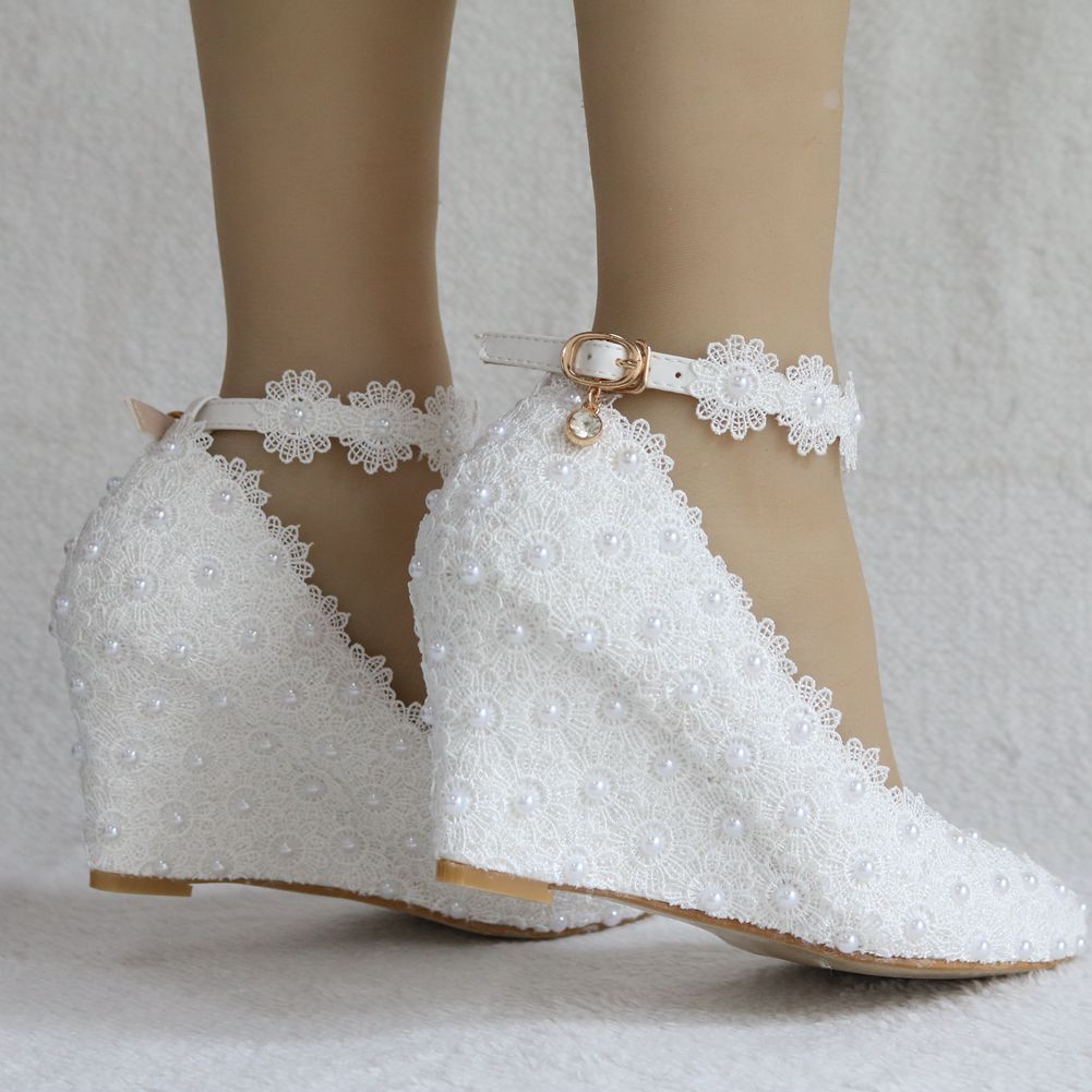 Pointed Toe Pearls Lace Shallow Ankle Strap Wedge Heel Women Pumps Wedding Shoes