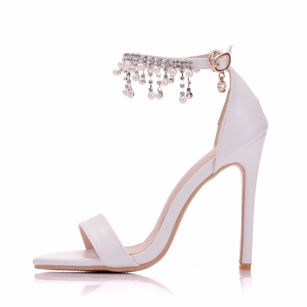 Women Beads Rhinestone Ankle Strap Bridal Wedding Stiletto Heel Sandals