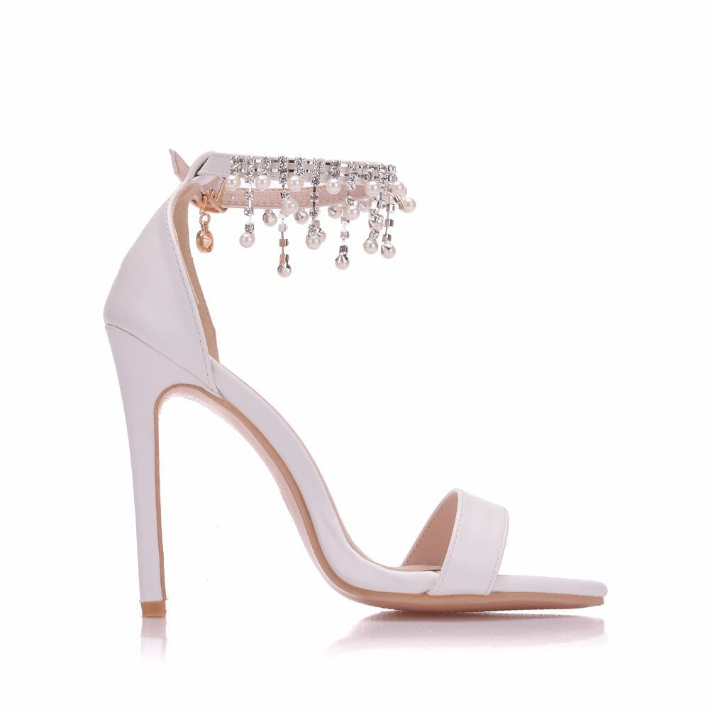 Women Beads Rhinestone Ankle Strap Bridal Wedding Stiletto Heel Sandals