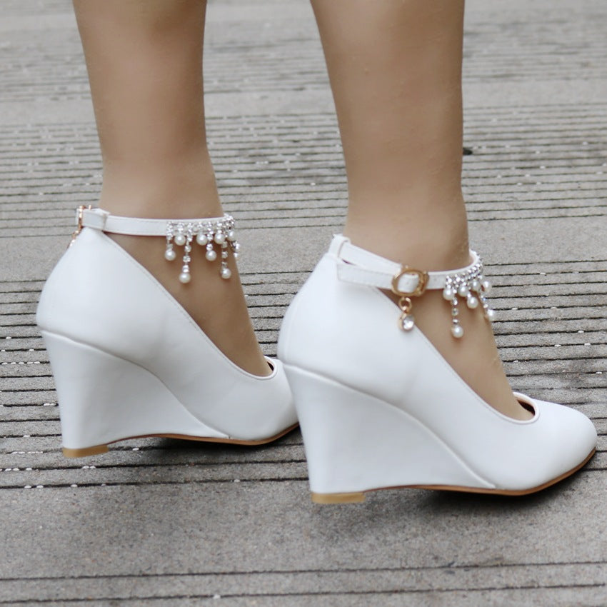 Shallow Pearls Rhinestone Tassel 7cm Wedge Heel Women Pumps Wedding Shoes