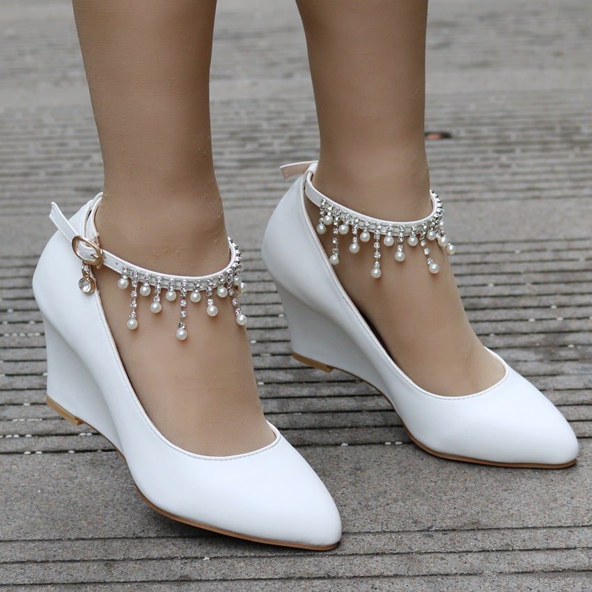 Shallow Pearls Rhinestone Tassel 7cm Wedge Heel Women Pumps Wedding Shoes