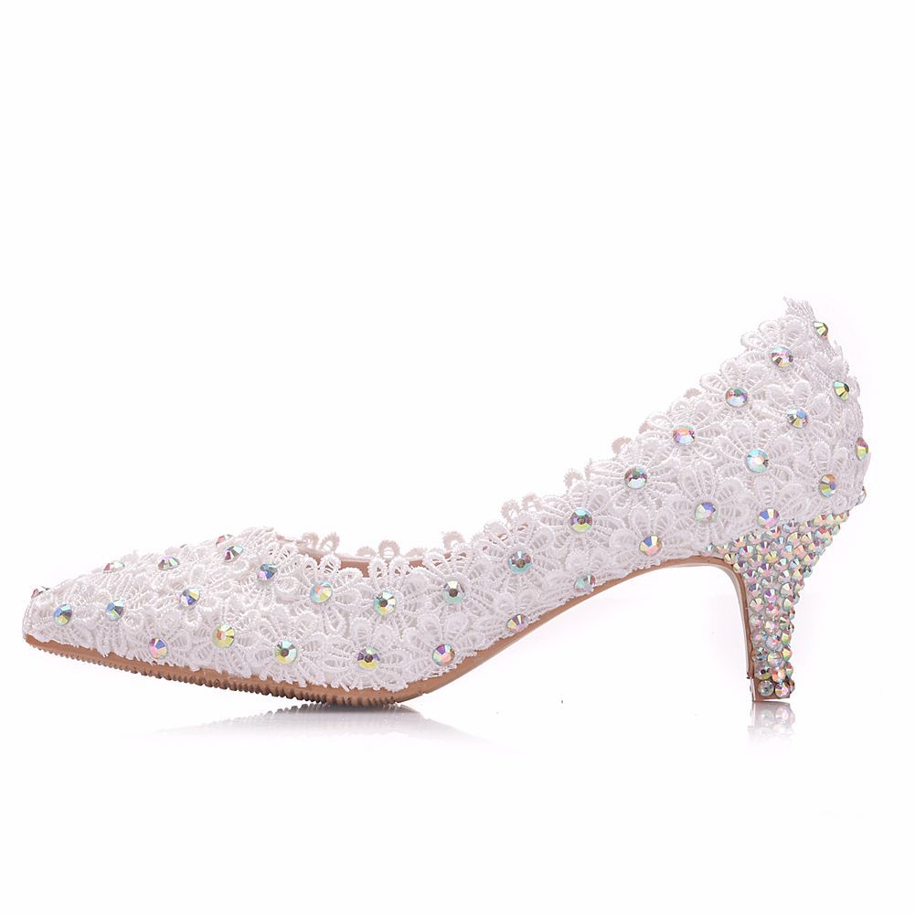 Women Stiletto Heel Pointed Toe Colorful Rhinestone Lace Flower Pumps