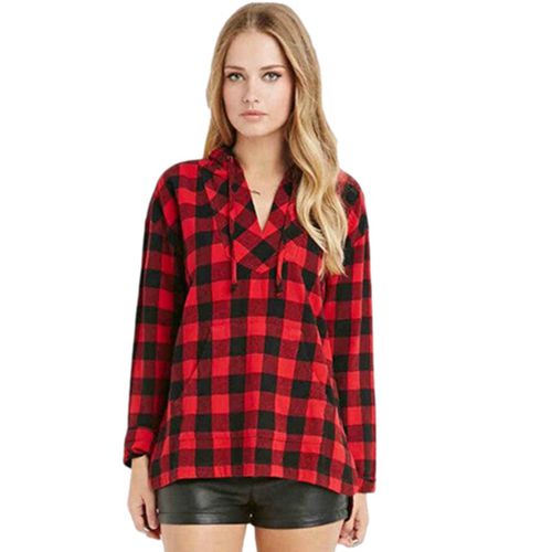 Plaid Hood Spring Slim Draw Rope Casual Women Blouses