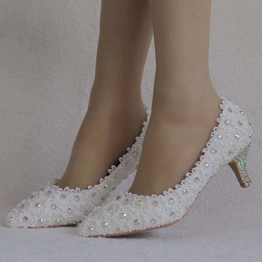 Women Stiletto Heel Pointed Toe Colorful Rhinestone Lace Flower Pumps