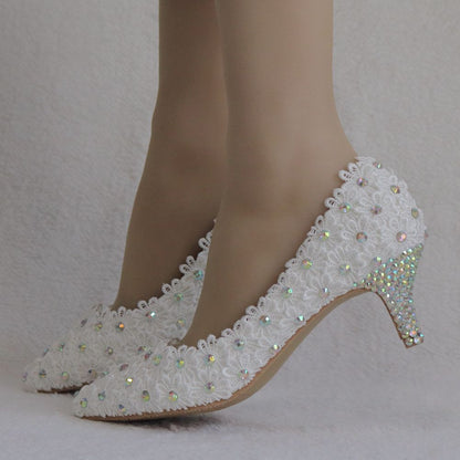 Women Stiletto Heel Pointed Toe Colorful Rhinestone Lace Flower Pumps