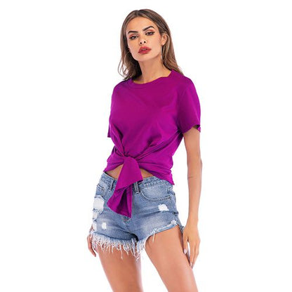 Cross-knotted Round Neck Short Sleeve T Shirt Loose Irregular Top Women T Shirts