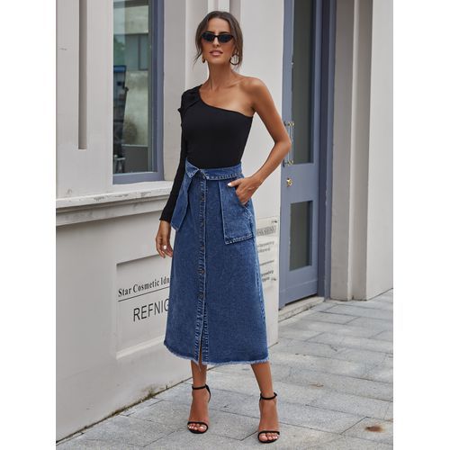Ins Fashion Button Design Pocket Denim Long Women Skirts