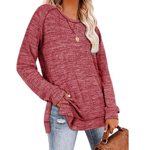 Womens Solid Color Round Neck Pullover Long Sleeved Top