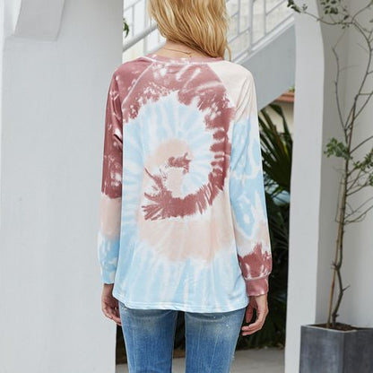 Womens Gradient Long Sleeve Tie Dyed T Shirt Top Round Neck Sweater