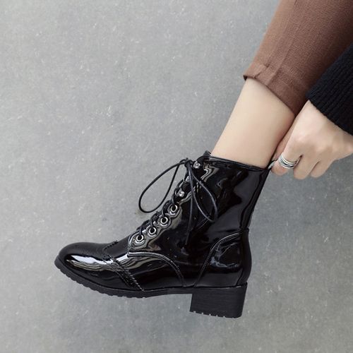 Round Toe Patent Leather Lace Up Women's Ankle Boots