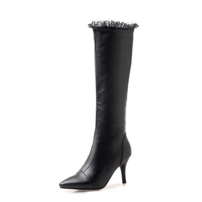 Women Pointed Toe Lace High Heel Tall Boots