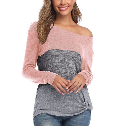 Womens Long Sleeve One Line Neck Contrast Color T-shirt