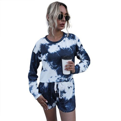 Womens Tie Dye Printing Leisure Home Top and Shorts Two-piece Set Sportswear