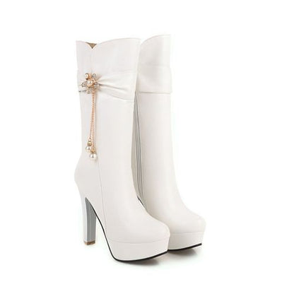 Women Rhinestone Pearl High Heels Platform Mid Calf Boots