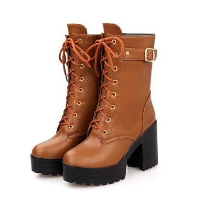 Women Lace Up Buckle High Heel Short Motorcycle Boots