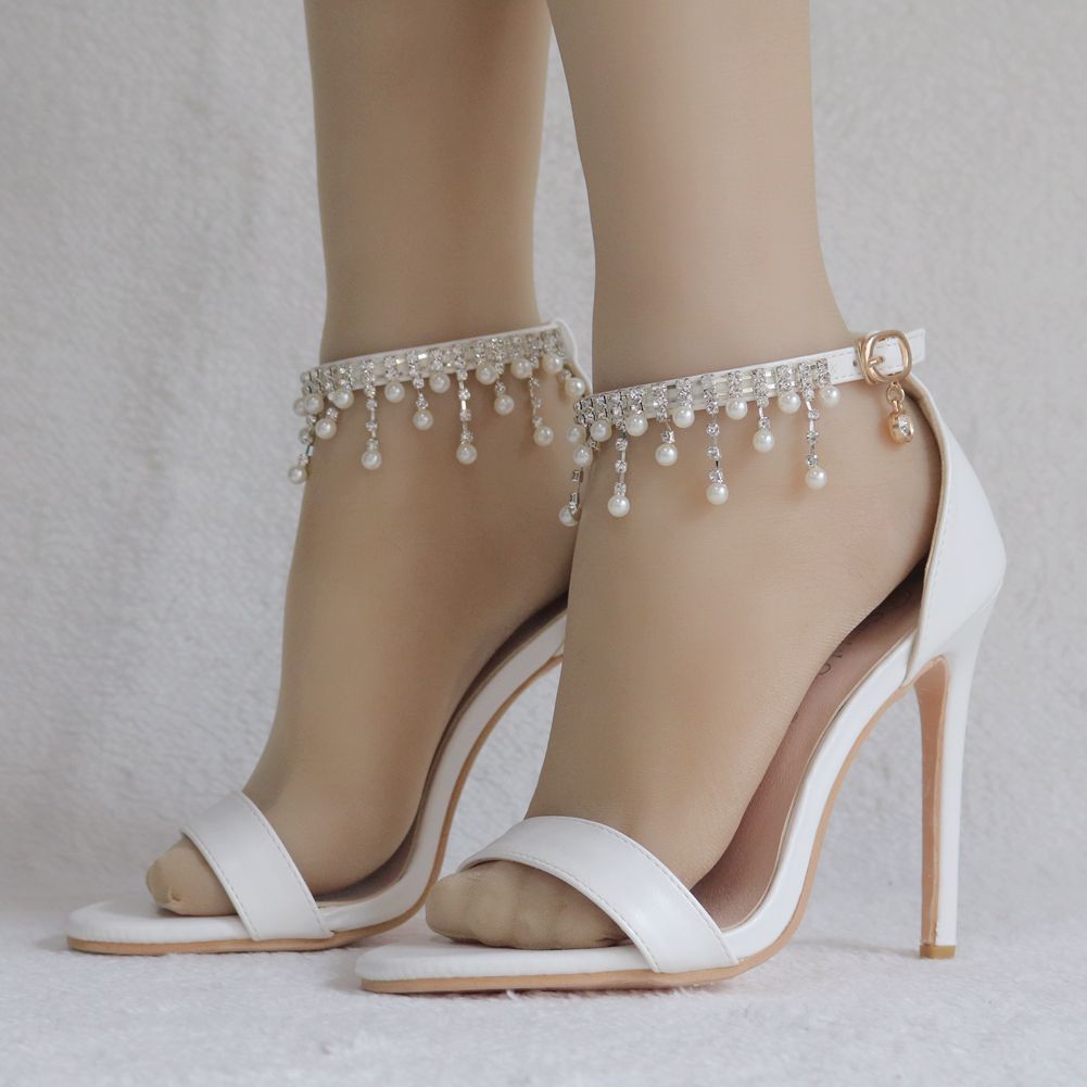 Women Beads Rhinestone Ankle Strap Bridal Wedding Stiletto Heel Sandals