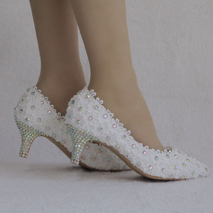 Women Stiletto Heel Pointed Toe Colorful Rhinestone Lace Flower Pumps