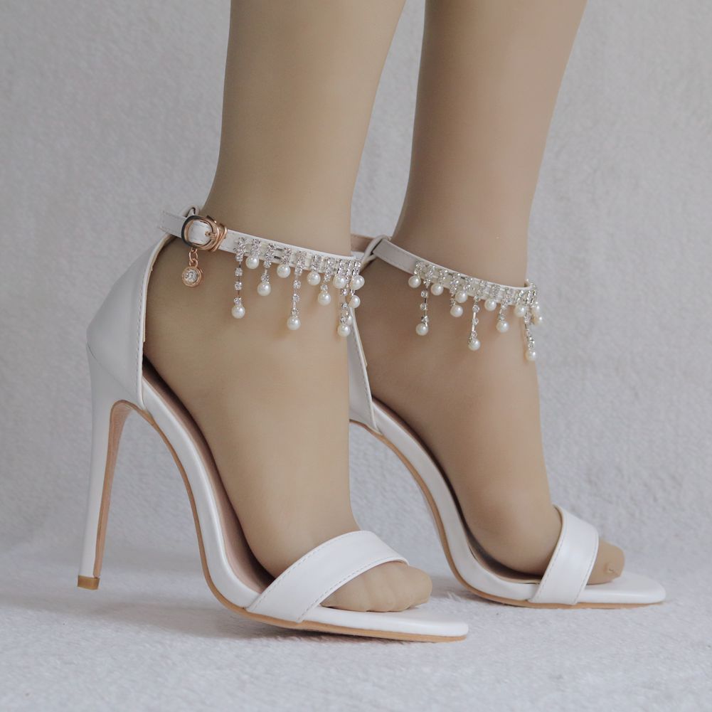 Women Beads Rhinestone Ankle Strap Bridal Wedding Stiletto Heel Sandals